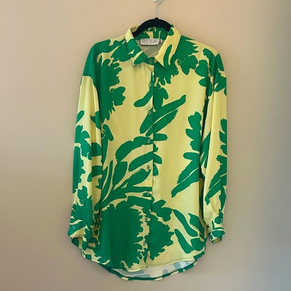 RESA x JoJo Monica Blouse Top Rico Green & Yellow Leaf Print Size XS/S Oversized - Picture 2 of 9